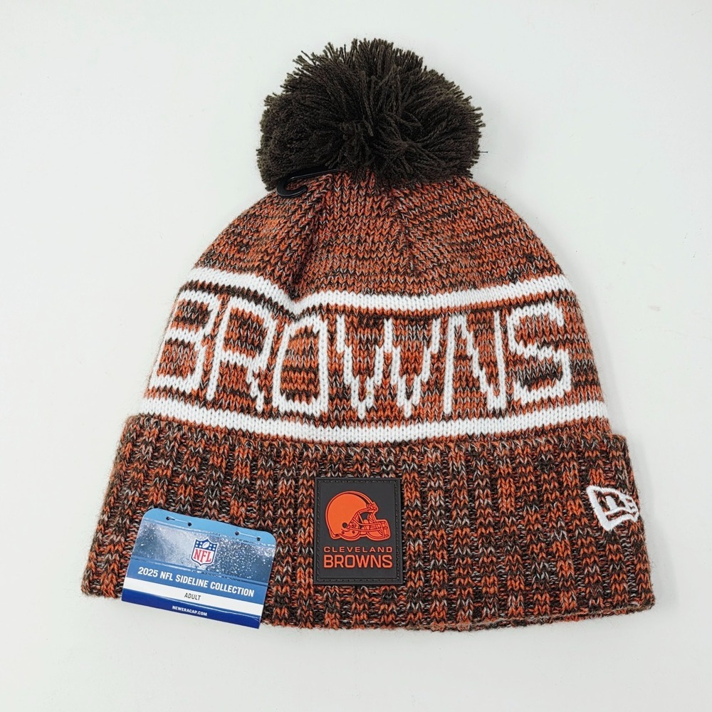New Era Cleveland Browns 2025 Sideline Cuffed Knit Hat Cap Pom Beanie Orange